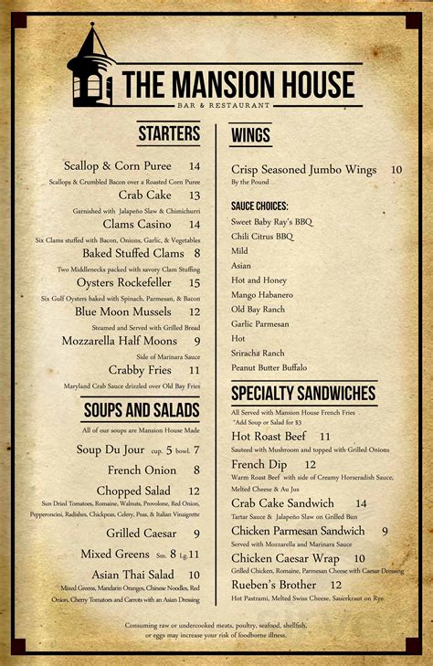 mansion menu with prices.